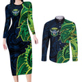 Canberra Raiders Couples Matching Long Sleeve Bodycon Dress and Long Sleeve Button Shirt Polynesian Tribal Tattoo Pacific Sport Art