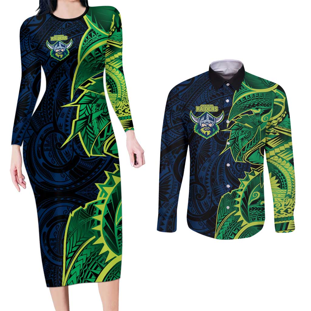 Canberra Raiders Couples Matching Long Sleeve Bodycon Dress and Long Sleeve Button Shirt Polynesian Tribal Tattoo Pacific Sport Art