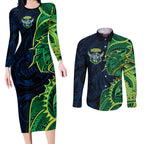 Canberra Raiders Couples Matching Long Sleeve Bodycon Dress and Long Sleeve Button Shirt Polynesian Tribal Tattoo Pacific Sport Art