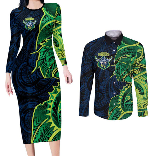 Canberra Raiders Couples Matching Long Sleeve Bodycon Dress and Long Sleeve Button Shirt Polynesian Tribal Tattoo Pacific Sport Art