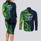 Canberra Raiders Couples Matching Long Sleeve Bodycon Dress and Long Sleeve Button Shirt Polynesian Tribal Tattoo Pacific Sport Art