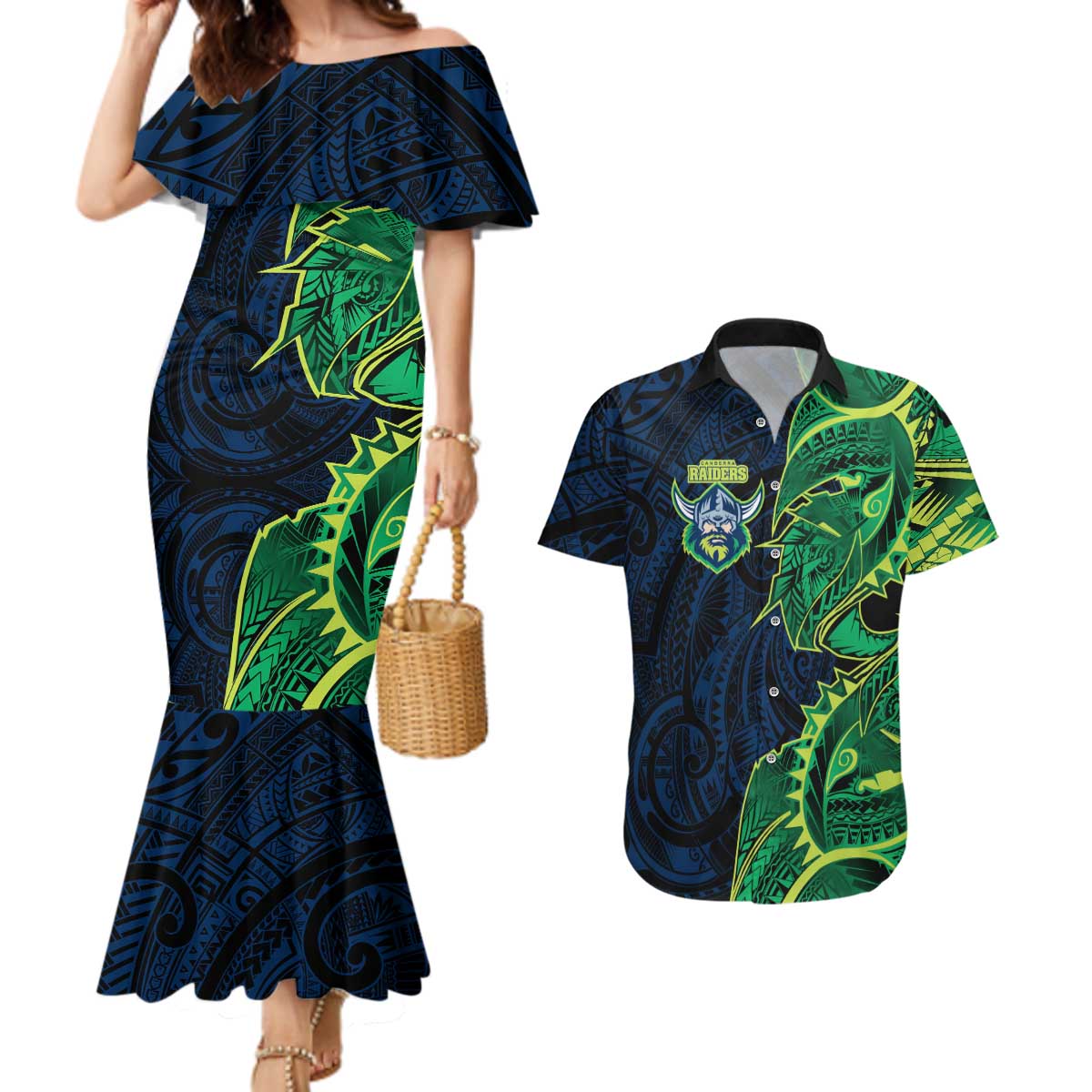 Canberra Raiders Couples Matching Mermaid Dress and Hawaiian Shirt Polynesian Tribal Tattoo Pacific Sport Art