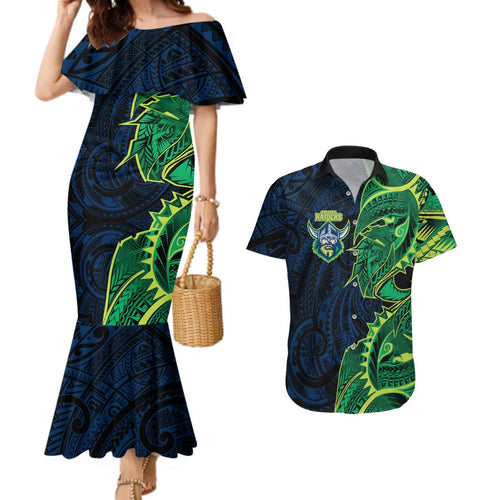 Canberra Raiders Couples Matching Mermaid Dress and Hawaiian Shirt Polynesian Tribal Tattoo Pacific Sport Art