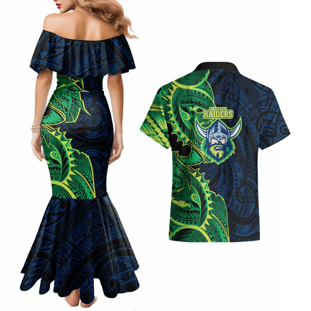 Canberra Raiders Couples Matching Mermaid Dress and Hawaiian Shirt Polynesian Tribal Tattoo Pacific Sport Art