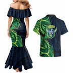 Canberra Raiders Couples Matching Mermaid Dress and Hawaiian Shirt Polynesian Tribal Tattoo Pacific Sport Art