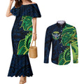 Canberra Raiders Couples Matching Mermaid Dress and Long Sleeve Button Shirt Polynesian Tribal Tattoo Pacific Sport Art