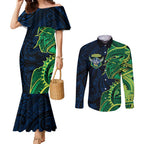 Canberra Raiders Couples Matching Mermaid Dress and Long Sleeve Button Shirt Polynesian Tribal Tattoo Pacific Sport Art