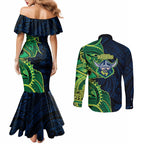 Canberra Raiders Couples Matching Mermaid Dress and Long Sleeve Button Shirt Polynesian Tribal Tattoo Pacific Sport Art