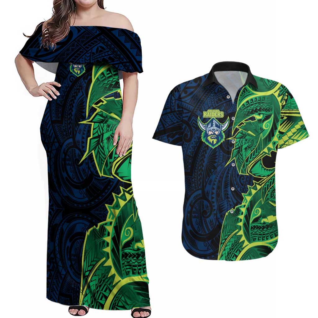 Canberra Raiders Couples Matching Off Shoulder Maxi Dress and Hawaiian Shirt Polynesian Tribal Tattoo Pacific Sport Art