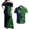 Canberra Raiders Couples Matching Off Shoulder Maxi Dress and Hawaiian Shirt Polynesian Tribal Tattoo Pacific Sport Art