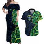 Canberra Raiders Couples Matching Off Shoulder Maxi Dress and Hawaiian Shirt Polynesian Tribal Tattoo Pacific Sport Art