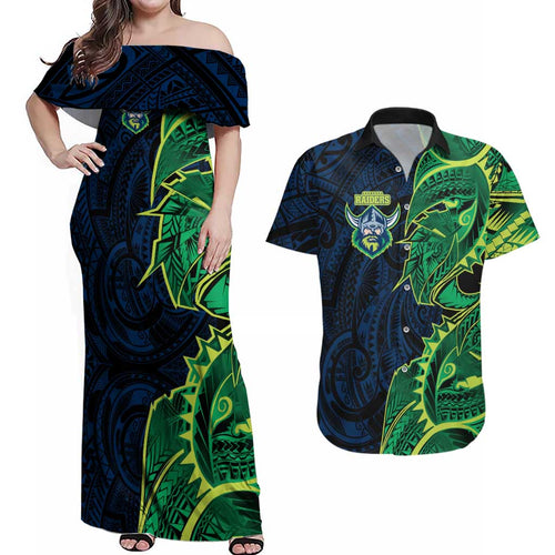 Canberra Raiders Couples Matching Off Shoulder Maxi Dress and Hawaiian Shirt Polynesian Tribal Tattoo Pacific Sport Art