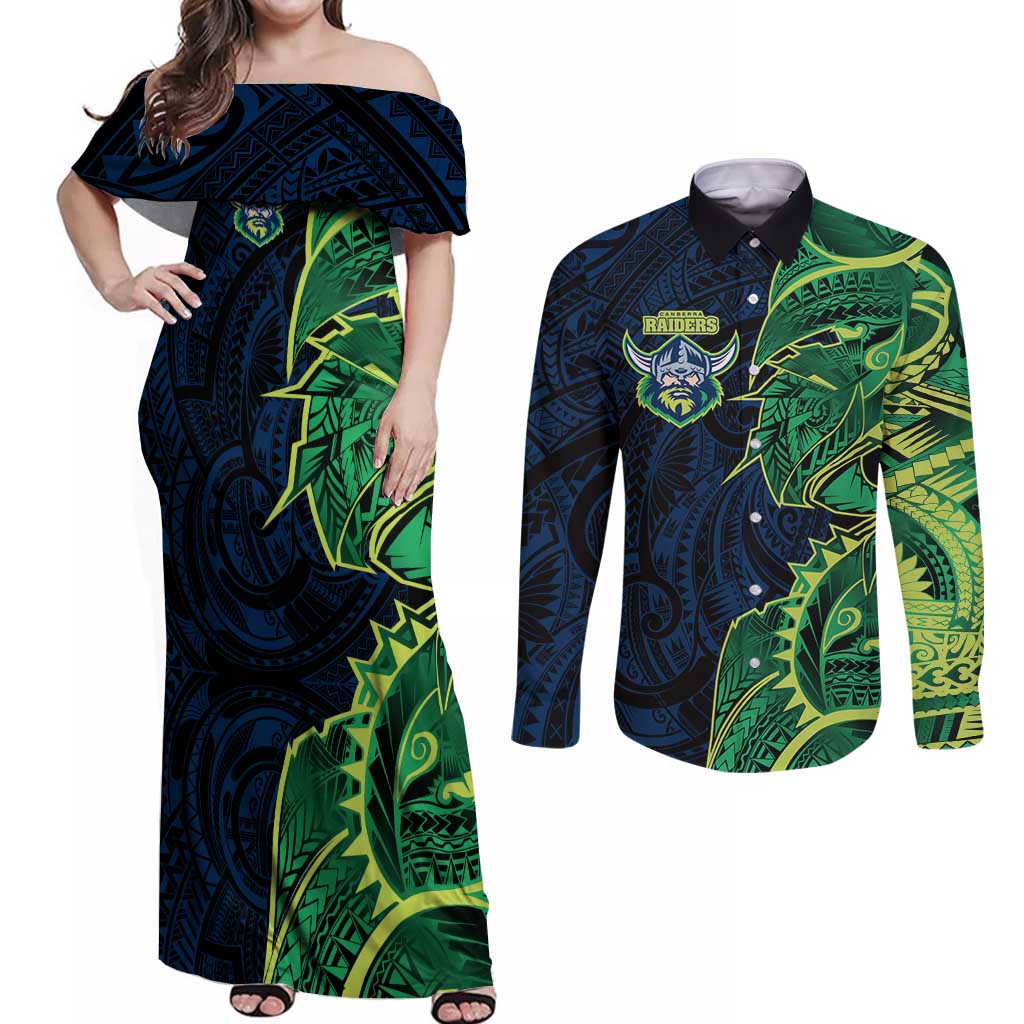 Canberra Raiders Couples Matching Off Shoulder Maxi Dress and Long Sleeve Button Shirt Polynesian Tribal Tattoo Pacific Sport Art