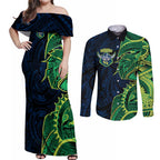 Canberra Raiders Couples Matching Off Shoulder Maxi Dress and Long Sleeve Button Shirt Polynesian Tribal Tattoo Pacific Sport Art