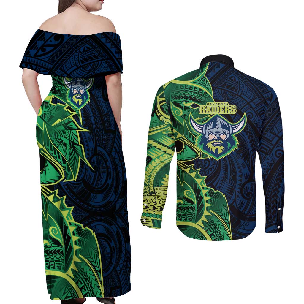 Canberra Raiders Couples Matching Off Shoulder Maxi Dress and Long Sleeve Button Shirt Polynesian Tribal Tattoo Pacific Sport Art