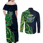 Canberra Raiders Couples Matching Off Shoulder Maxi Dress and Long Sleeve Button Shirt Polynesian Tribal Tattoo Pacific Sport Art