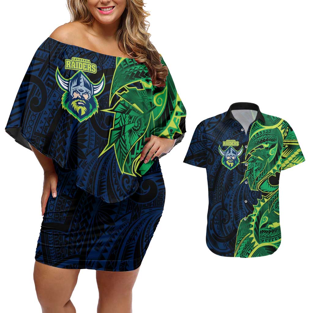 Canberra Raiders Couples Matching Off Shoulder Short Dress and Hawaiian Shirt Polynesian Tribal Tattoo Pacific Sport Art