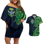 Canberra Raiders Couples Matching Off Shoulder Short Dress and Hawaiian Shirt Polynesian Tribal Tattoo Pacific Sport Art