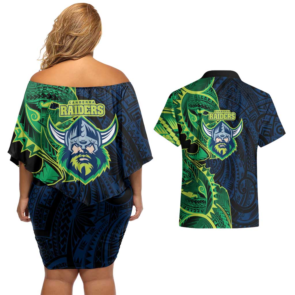 Canberra Raiders Couples Matching Off Shoulder Short Dress and Hawaiian Shirt Polynesian Tribal Tattoo Pacific Sport Art