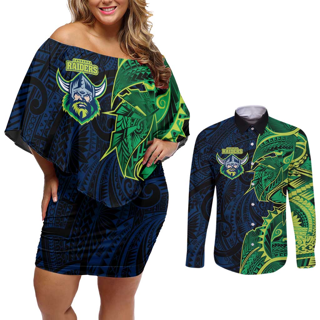Canberra Raiders Couples Matching Off Shoulder Short Dress and Long Sleeve Button Shirt Polynesian Tribal Tattoo Pacific Sport Art