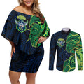 Canberra Raiders Couples Matching Off Shoulder Short Dress and Long Sleeve Button Shirt Polynesian Tribal Tattoo Pacific Sport Art