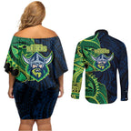 Canberra Raiders Couples Matching Off Shoulder Short Dress and Long Sleeve Button Shirt Polynesian Tribal Tattoo Pacific Sport Art