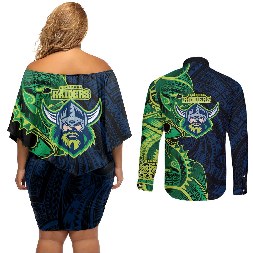 Canberra Raiders Couples Matching Off Shoulder Short Dress and Long Sleeve Button Shirt Polynesian Tribal Tattoo Pacific Sport Art