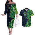 Canberra Raiders Couples Matching Off The Shoulder Long Sleeve Dress and Hawaiian Shirt Polynesian Tribal Tattoo Pacific Sport Art