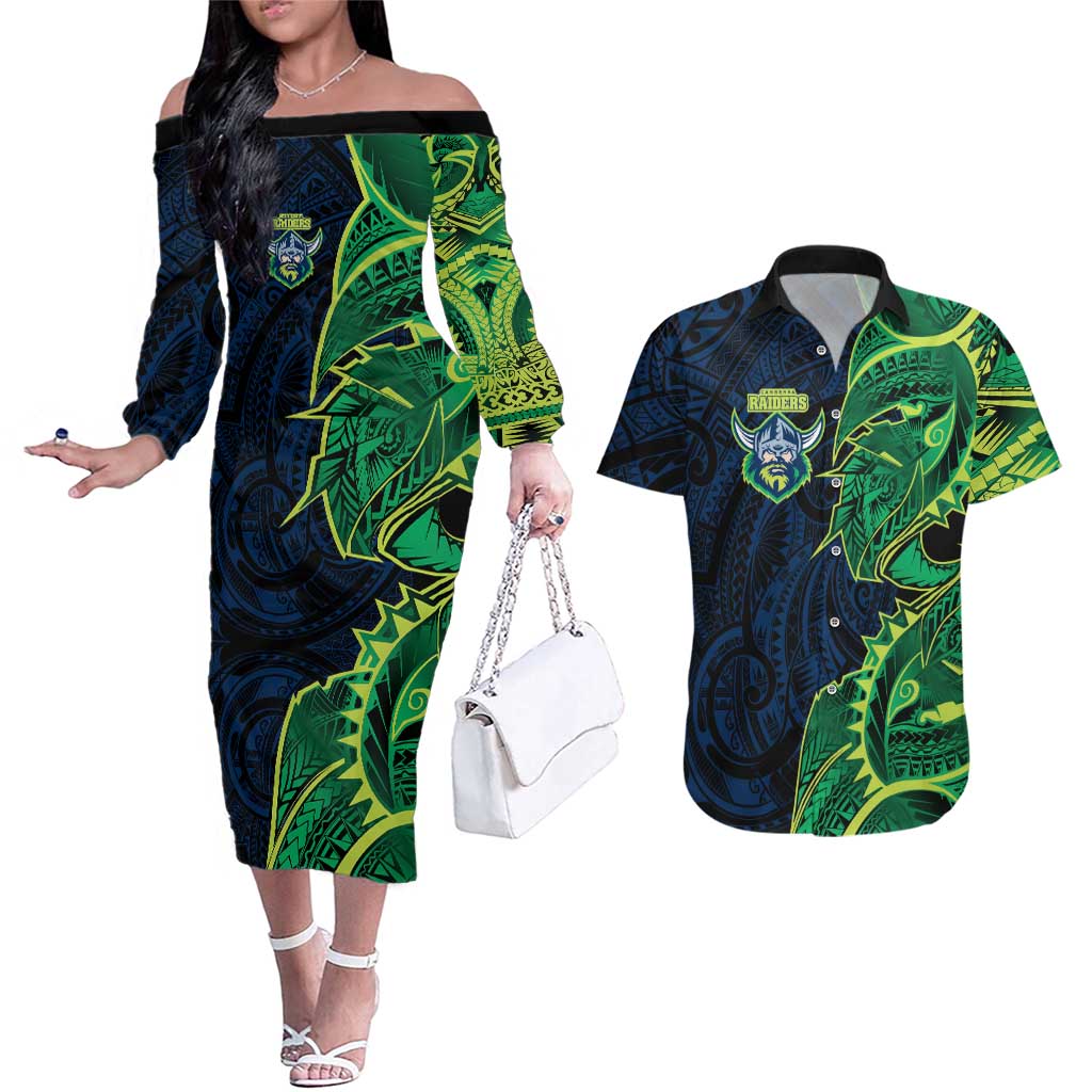 Canberra Raiders Couples Matching Off The Shoulder Long Sleeve Dress and Hawaiian Shirt Polynesian Tribal Tattoo Pacific Sport Art