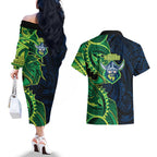 Canberra Raiders Couples Matching Off The Shoulder Long Sleeve Dress and Hawaiian Shirt Polynesian Tribal Tattoo Pacific Sport Art