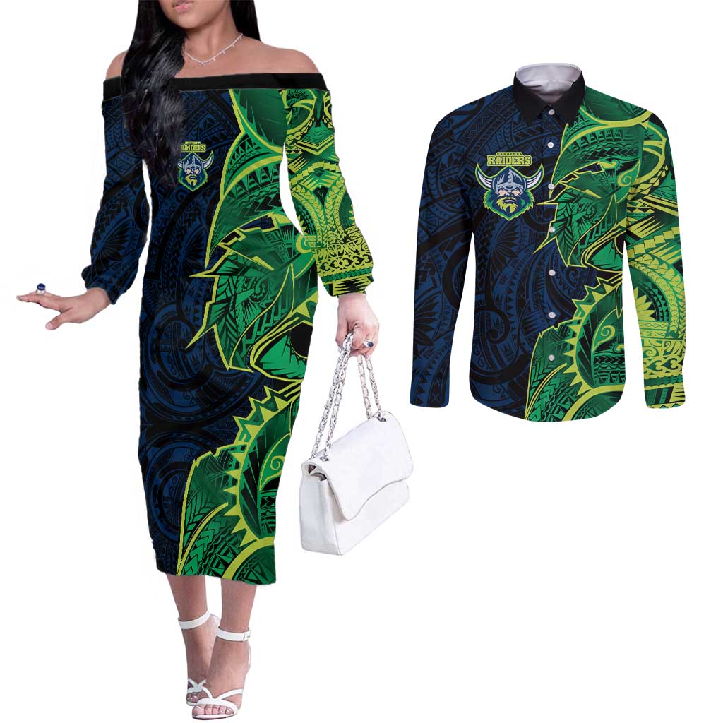 Canberra Raiders Couples Matching Off The Shoulder Long Sleeve Dress and Long Sleeve Button Shirt Polynesian Tribal Tattoo Pacific Sport Art