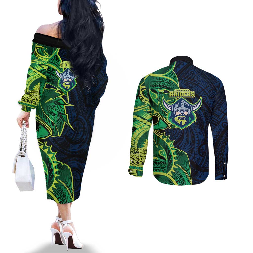 Canberra Raiders Couples Matching Off The Shoulder Long Sleeve Dress and Long Sleeve Button Shirt Polynesian Tribal Tattoo Pacific Sport Art