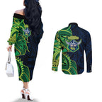 Canberra Raiders Couples Matching Off The Shoulder Long Sleeve Dress and Long Sleeve Button Shirt Polynesian Tribal Tattoo Pacific Sport Art