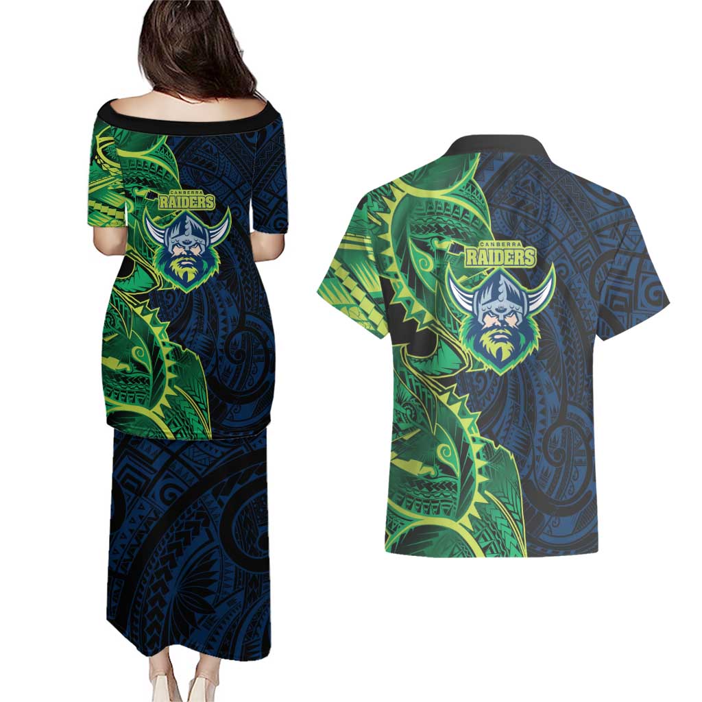 Canberra Raiders Couples Matching Puletasi and Hawaiian Shirt Polynesian Tribal Tattoo Pacific Sport Art