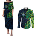Canberra Raiders Couples Matching Puletasi and Long Sleeve Button Shirt Polynesian Tribal Tattoo Pacific Sport Art