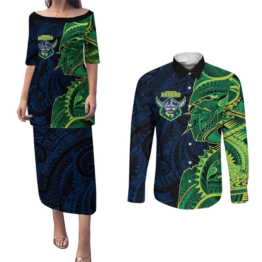 Canberra Raiders Couples Matching Puletasi and Long Sleeve Button Shirt Polynesian Tribal Tattoo Pacific Sport Art