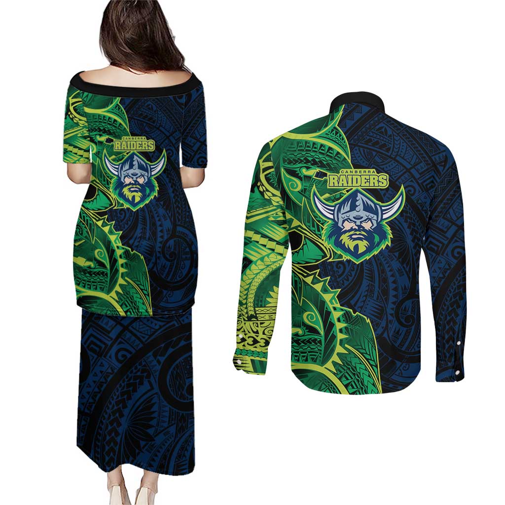 Canberra Raiders Couples Matching Puletasi and Long Sleeve Button Shirt Polynesian Tribal Tattoo Pacific Sport Art