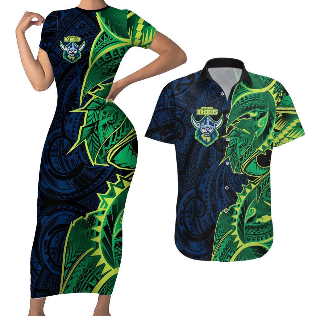 Canberra Raiders Couples Matching Short Sleeve Bodycon Dress and Hawaiian Shirt Polynesian Tribal Tattoo Pacific Sport Art