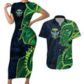 Canberra Raiders Couples Matching Short Sleeve Bodycon Dress and Hawaiian Shirt Polynesian Tribal Tattoo Pacific Sport Art