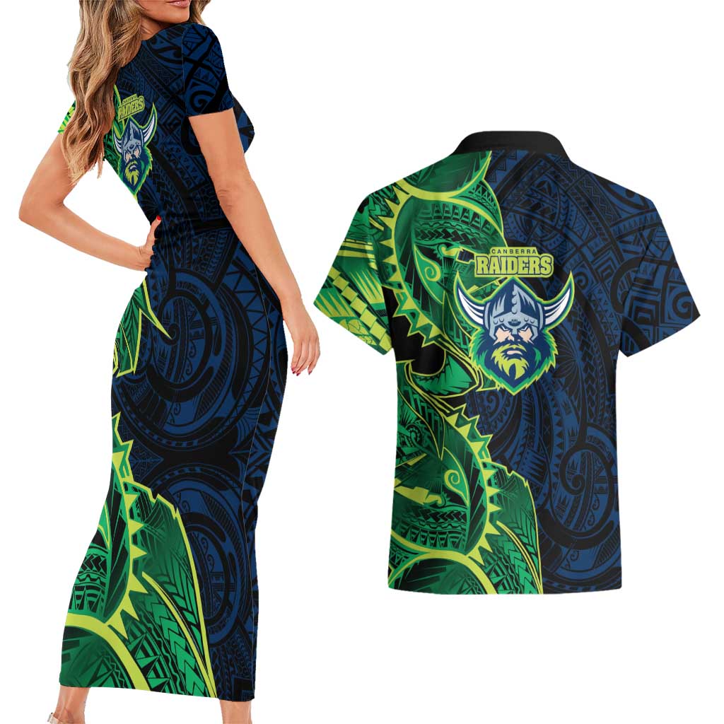 Canberra Raiders Couples Matching Short Sleeve Bodycon Dress and Hawaiian Shirt Polynesian Tribal Tattoo Pacific Sport Art