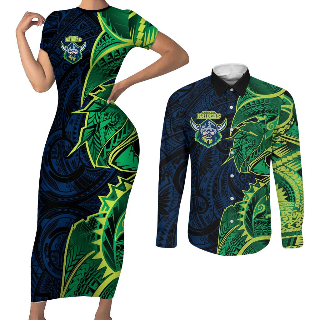 Canberra Raiders Couples Matching Short Sleeve Bodycon Dress and Long Sleeve Button Shirt Polynesian Tribal Tattoo Pacific Sport Art