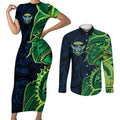 Canberra Raiders Couples Matching Short Sleeve Bodycon Dress and Long Sleeve Button Shirt Polynesian Tribal Tattoo Pacific Sport Art