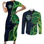 Canberra Raiders Couples Matching Short Sleeve Bodycon Dress and Long Sleeve Button Shirt Polynesian Tribal Tattoo Pacific Sport Art