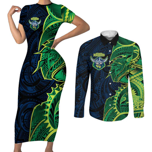 Canberra Raiders Couples Matching Short Sleeve Bodycon Dress and Long Sleeve Button Shirt Polynesian Tribal Tattoo Pacific Sport Art