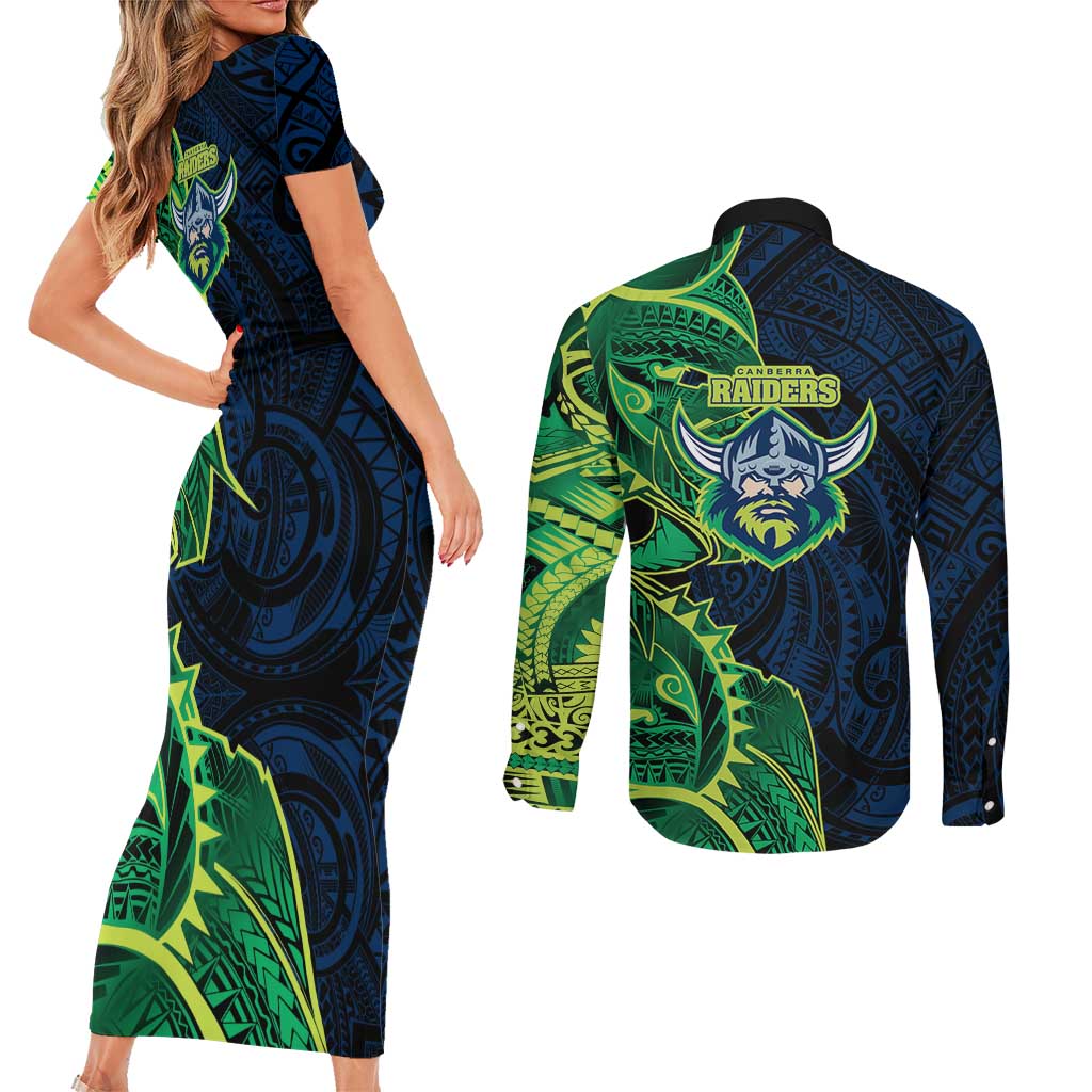 Canberra Raiders Couples Matching Short Sleeve Bodycon Dress and Long Sleeve Button Shirt Polynesian Tribal Tattoo Pacific Sport Art