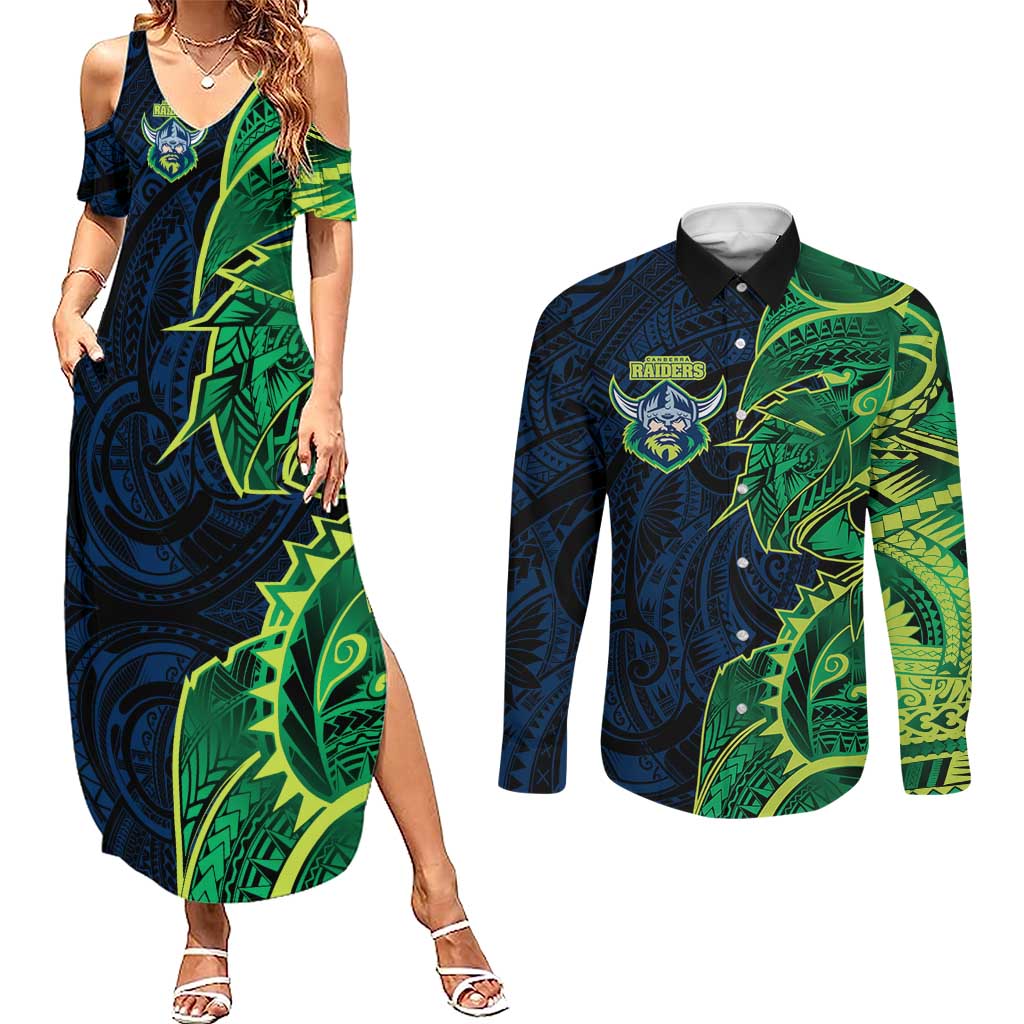 Canberra Raiders Couples Matching Summer Maxi Dress and Long Sleeve Button Shirt Polynesian Tribal Tattoo Pacific Sport Art