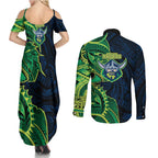 Canberra Raiders Couples Matching Summer Maxi Dress and Long Sleeve Button Shirt Polynesian Tribal Tattoo Pacific Sport Art