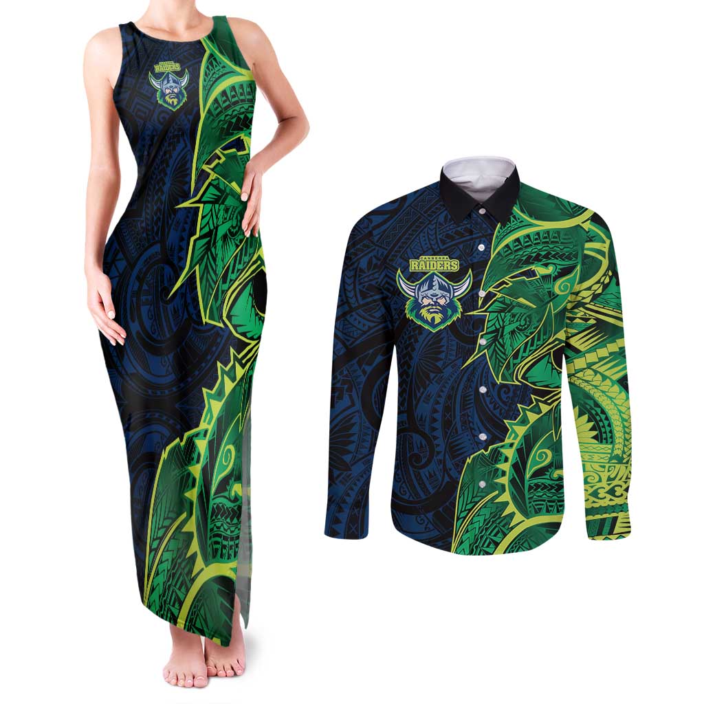 Canberra Raiders Couples Matching Tank Maxi Dress and Long Sleeve Button Shirt Polynesian Tribal Tattoo Pacific Sport Art