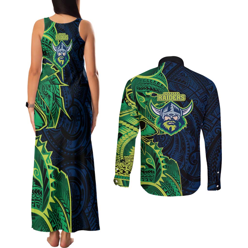 Canberra Raiders Couples Matching Tank Maxi Dress and Long Sleeve Button Shirt Polynesian Tribal Tattoo Pacific Sport Art