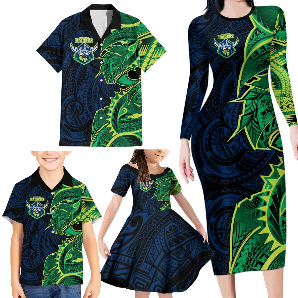 Canberra Raiders Family Matching Long Sleeve Bodycon Dress and Hawaiian Shirt Polynesian Tribal Tattoo Pacific Sport Art